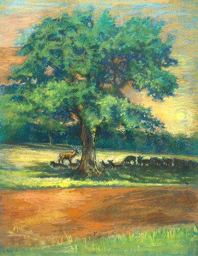 Herd of Deer shading in Richmond Park by Patricia Clements, Drawing for Sale on Select