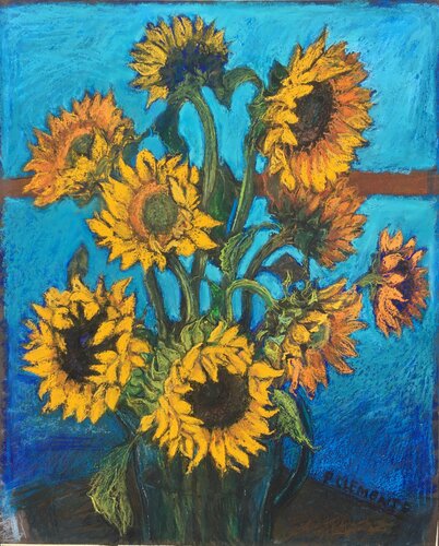 Sunflowers  with Kingfisher blue influenced by Van Gogh by Patricia Clements, Drawing for Sale on Select
