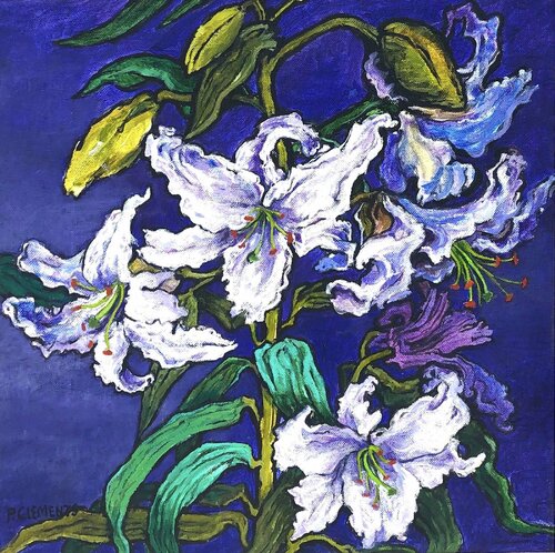 White Lilies on a purple background by Patricia Clements, Painting for Sale on Select