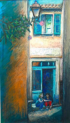 Two girls by the open doorway a French cafe scene by Patricia Clements, Drawing for Sale on Select