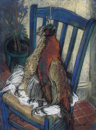 BRACE OF PHEASANTS ON A VAN GOGH CHAIR by Patricia Clements, Drawing for Sale on Select