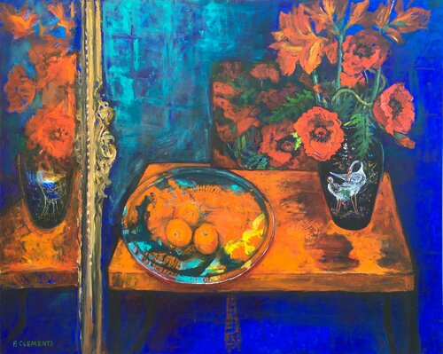 STILL LIFE WITH THREE ORANGES AND MIRROR REFLECTIONS EXTRA LARGE by Patricia Clements, Painting for Sale on Select