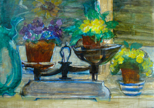 Scales with Primroses still life by Patricia Clements, Painting for Sale on Select