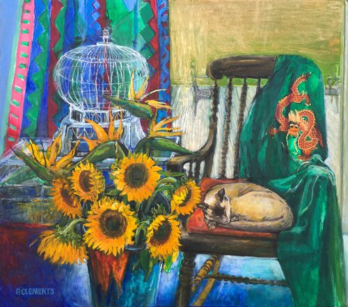 The Cat, the Birdcage, the Dragon Kimono and Sunflowers still life by Patricia Clements, Painting for Sale on Select