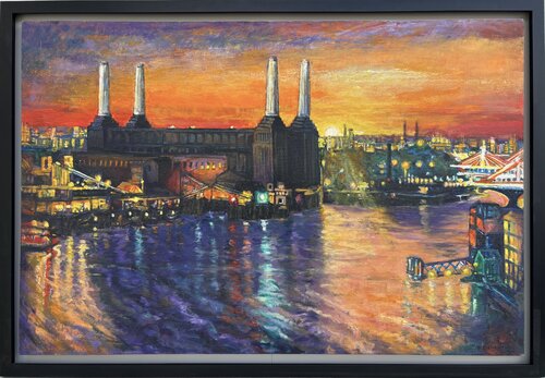 Sun setting behind Battersea Power Station London by Patricia Clements, Painting for Sale on Select