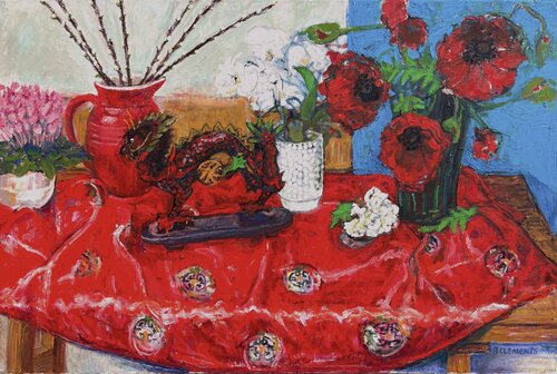 Dragon and Red Kimono still life by Patricia Clements, Painting for Sale on Select