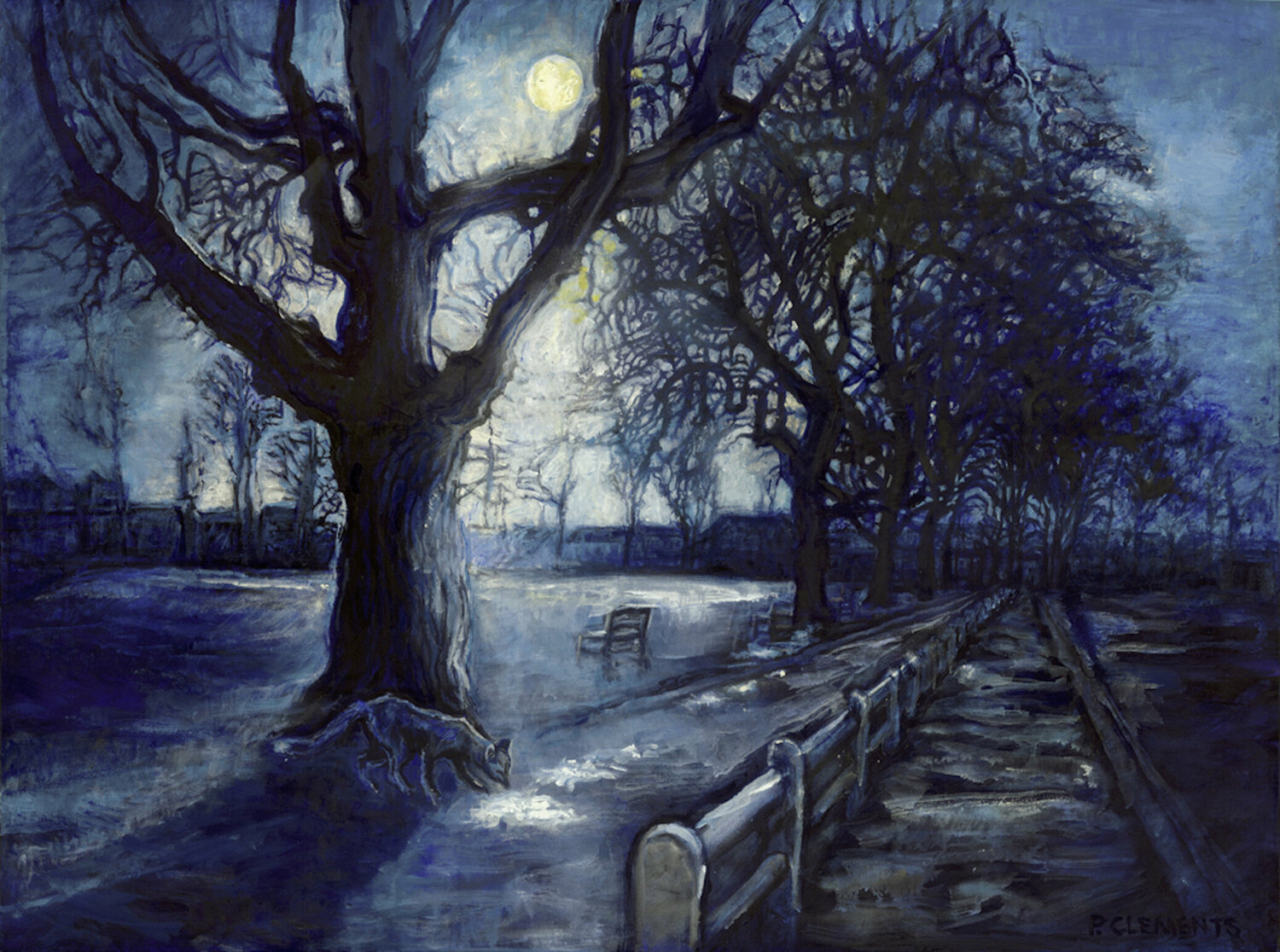 Fox on the Green by Moonlight Patricia Clements Original painting for sale