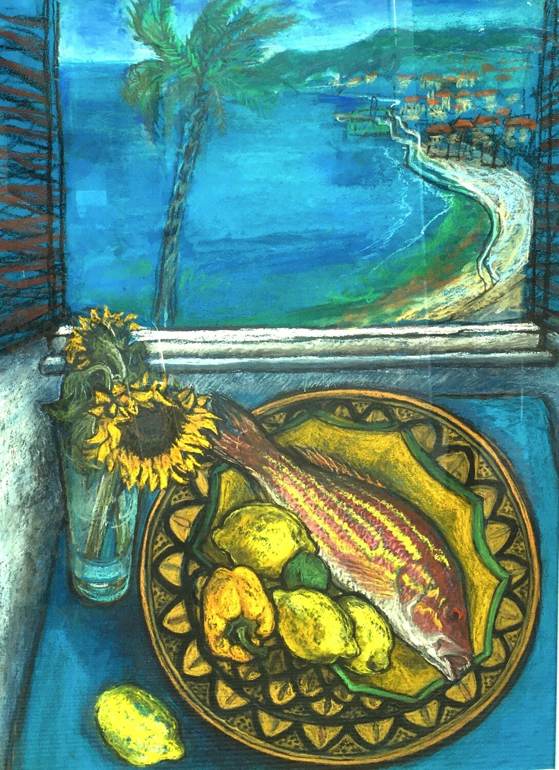 Snapper fish with a window view of Nice Patricia Clements Original painting for sale