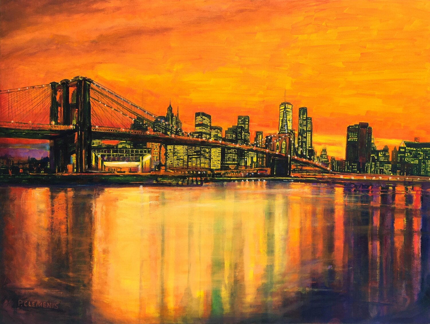 Brooklyn Bridge New York Sunset Patricia Clements Original painting for sale