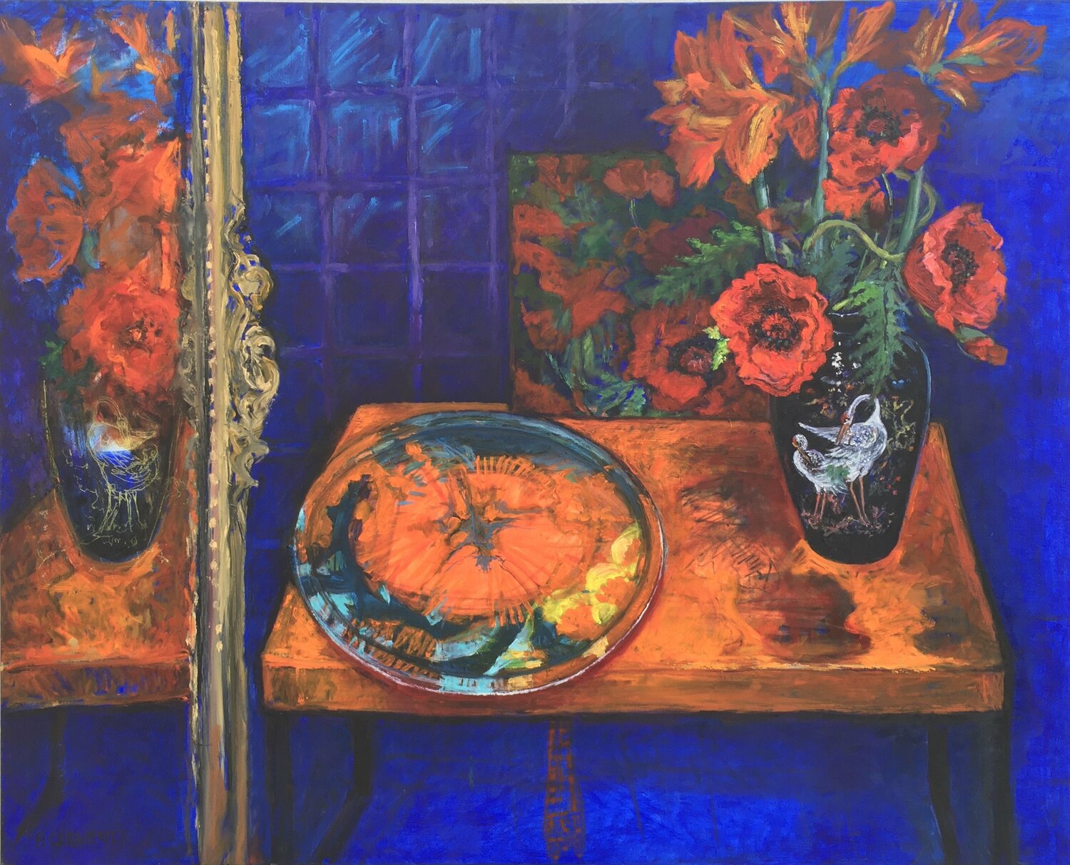 Mirror reflection still life of poppies, orange table and cobalt blue x large Patricia Clements Original painting for sale