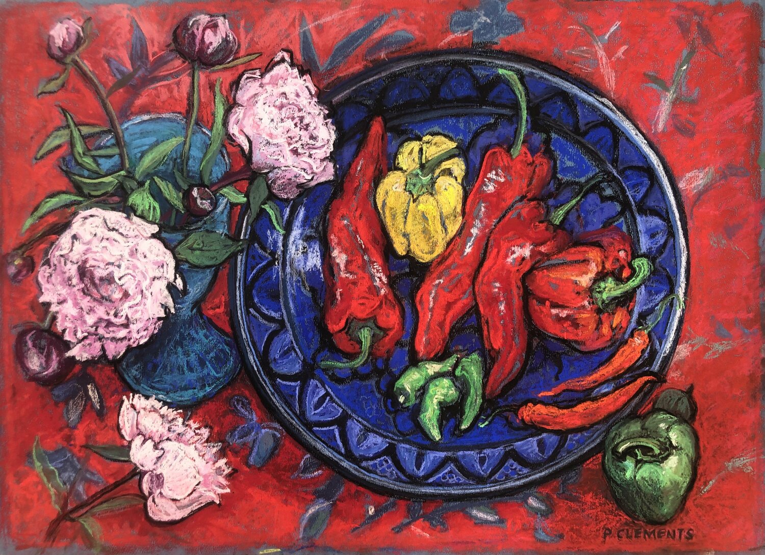 Peony and Peppers still life Patricia Clements Drawing for sale