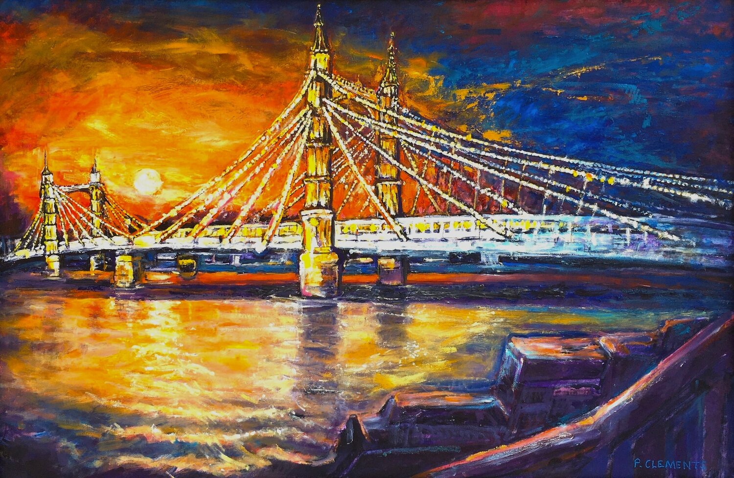 Sunsetting behind Albert Bridge, Patricia Clements Original painting for sale