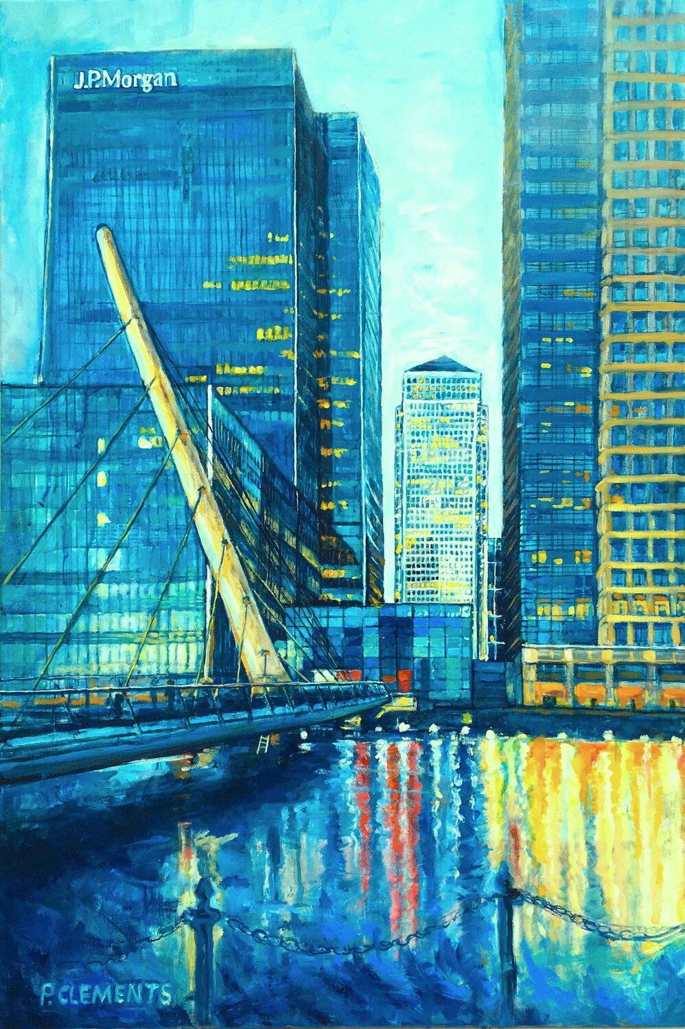Canary Wharf at dusk  London cityscape Patricia Clements Original painting for sale