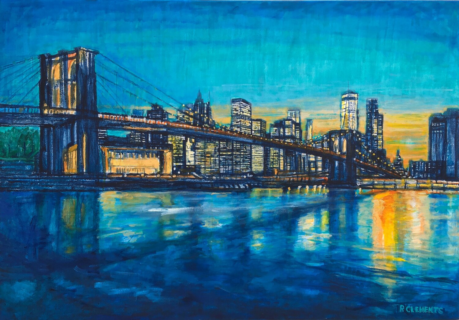Brooklyn Bridge to Manhattan Sunset with Blue large Patricia Clements Original painting for sale
