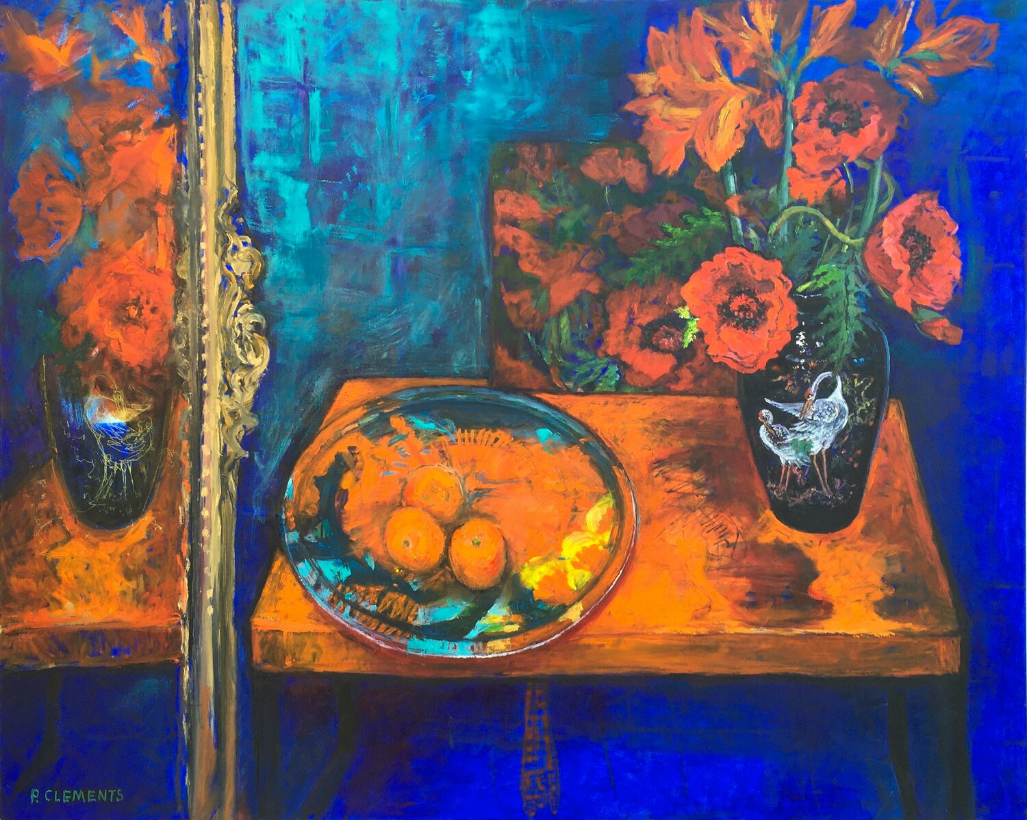 STILL LIFE WITH THREE ORANGES AND MIRROR REFLECTIONS EXTRA LARGE Patricia Clements Original painting for sale