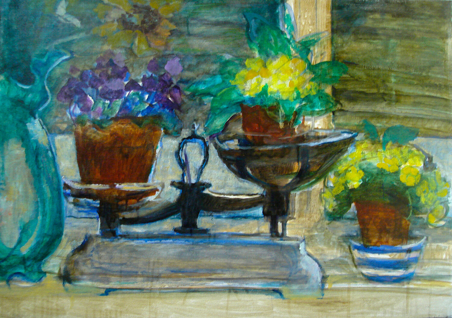 Scales with Primroses still life Patricia Clements Original painting for sale