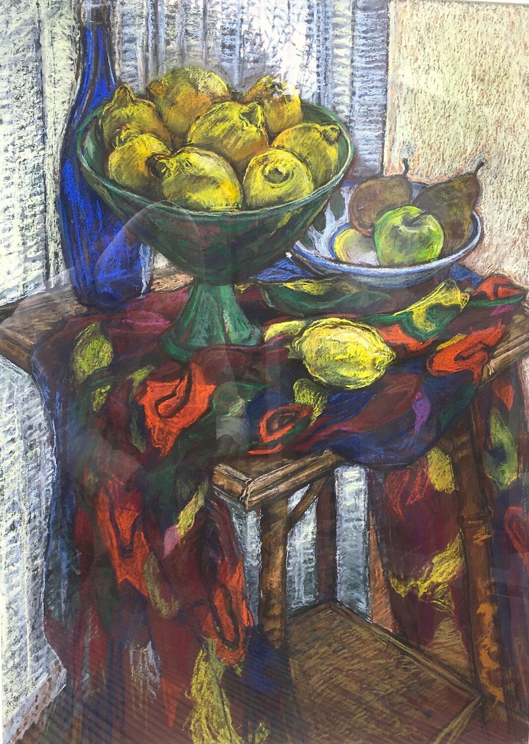 Rustic still life with Lemons and a colourful scarf Patricia Clements Original painting for sale
