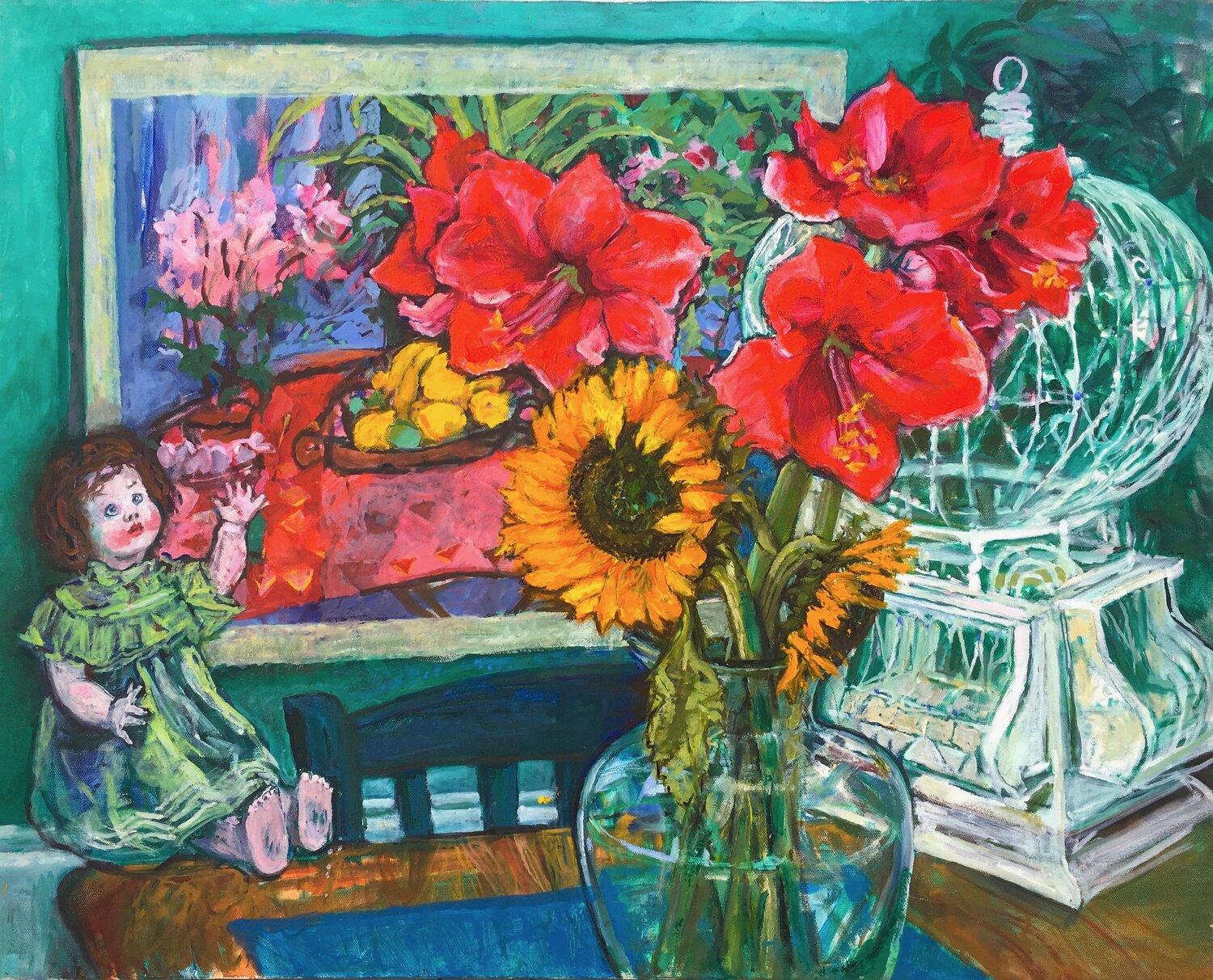 Childhood remembered with doll and birdcage Patricia Clements Original painting for sale