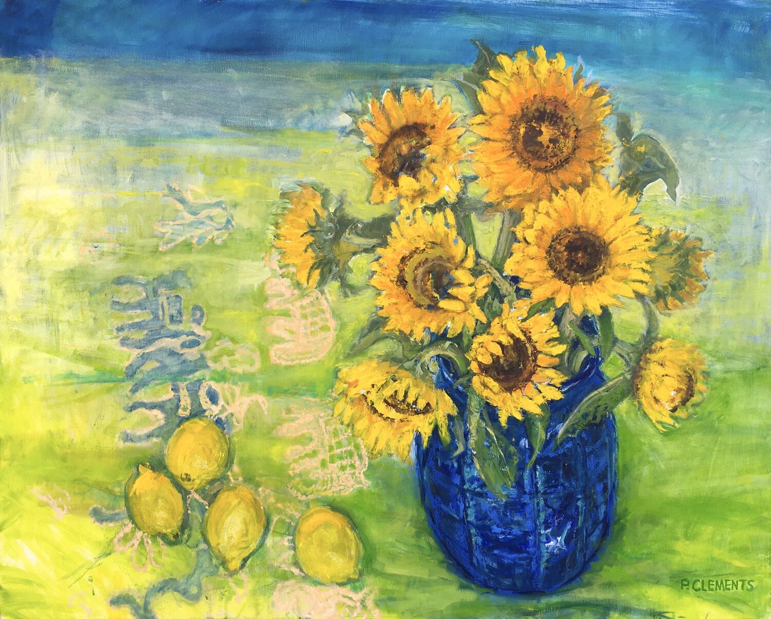 Sunflowers with Lemons and African cloth Patricia Clements Original painting for sale