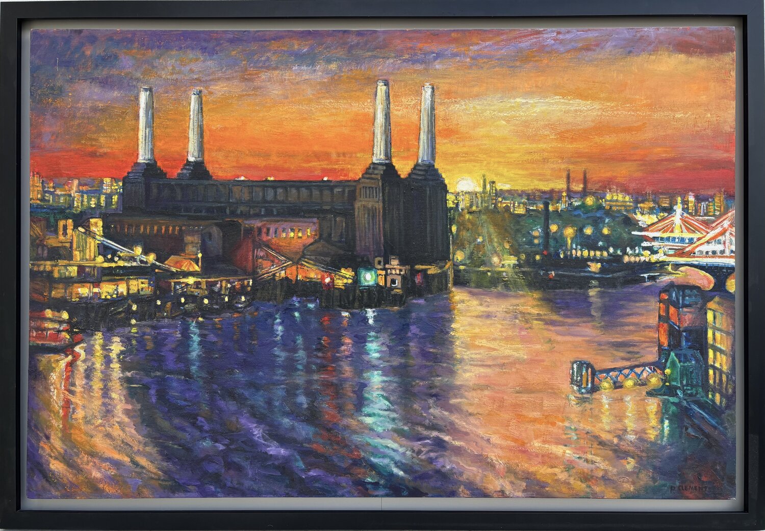 Sun setting behind Battersea Power Station London Patricia Clements Original painting for sale