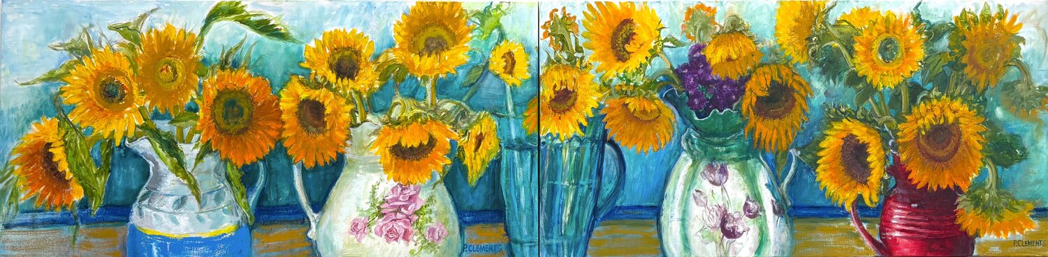 A summer of Sunflowers Diptych Painting Patricia Clements Original painting for sale