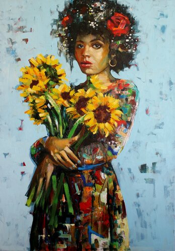 '' Frau mit Bulumen '' by Taleh Mirkazım, Painting for Sale on Select