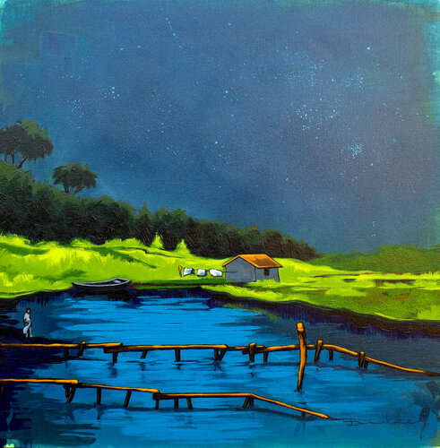 Noche de luna llena, Amazon river by Didier Franco, Painting for Sale on Select