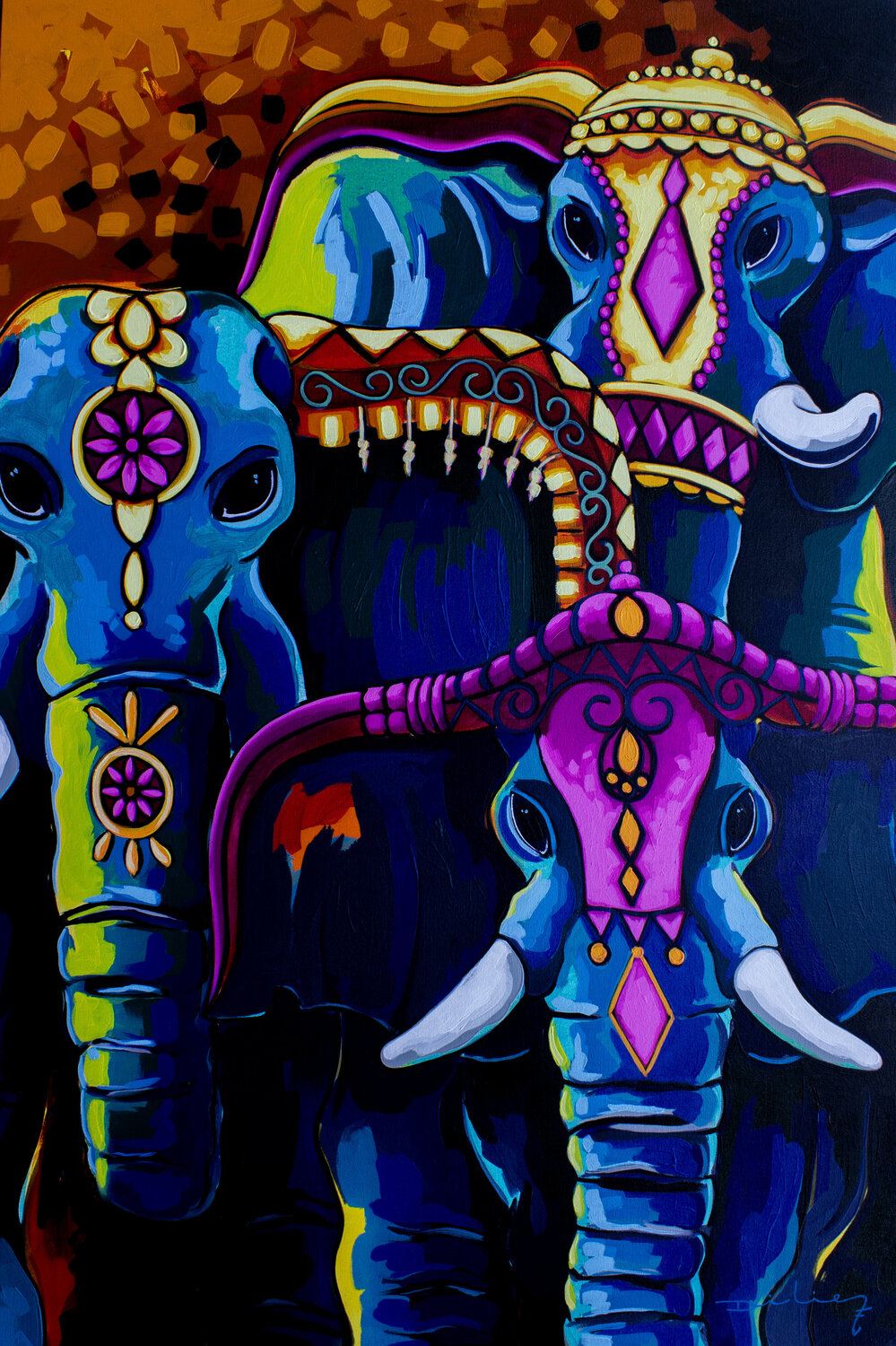 Tres elefantes. Didier Franco Original painting for sale