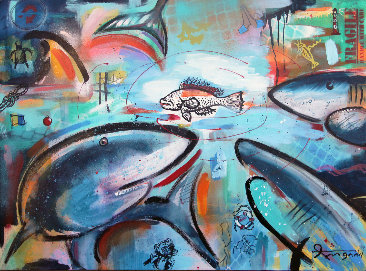 Escaping from the Men in Grey Suits Ann Gadd Original painting for sale
