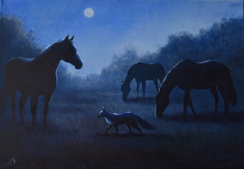 Renard et chevaux sous la lune by Sabine Ducarn, Painting for Sale on Select