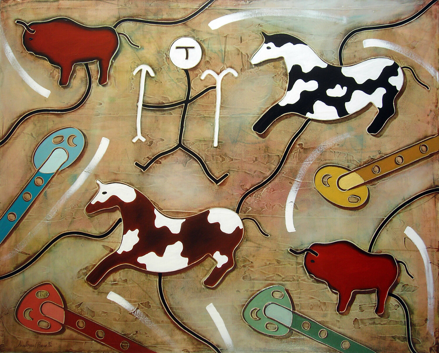 Cavalli e bisonti Andrea Benetti Original painting for sale