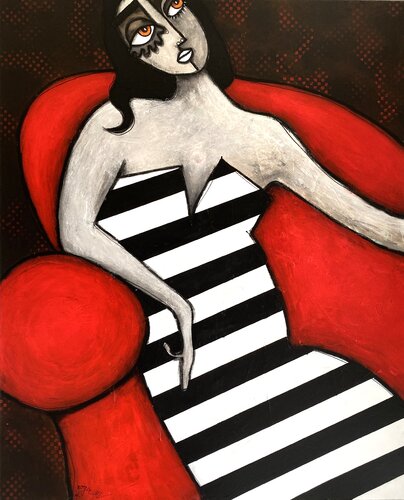 La Robe à Rayures sur Fauteuil Rouge by RogerM, Painting for Sale on Select