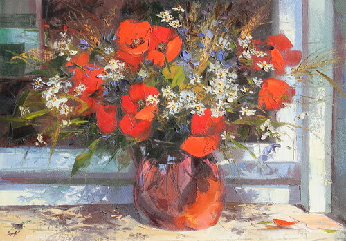 Poppies in the window by Éva Szakács, Painting for Sale on Select