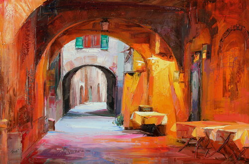 Evening lights in Montepulciano by Éva Szakács, Painting for Sale on Select