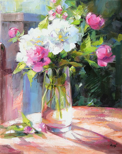 Pink peonies by Éva Szakács, Painting for Sale on Select