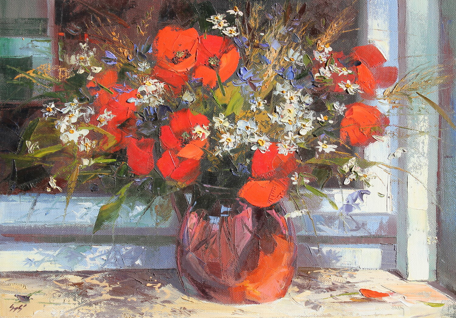 Poppies in the window Éva Szakács Original painting for sale