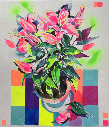 Hot Pink Lilies in the kitchen by Joanna Pilarczyk, Painting for Sale on Select