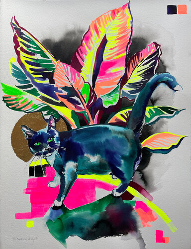 Black Cat at Night by Joanna Pilarczyk, Painting for Sale on Select