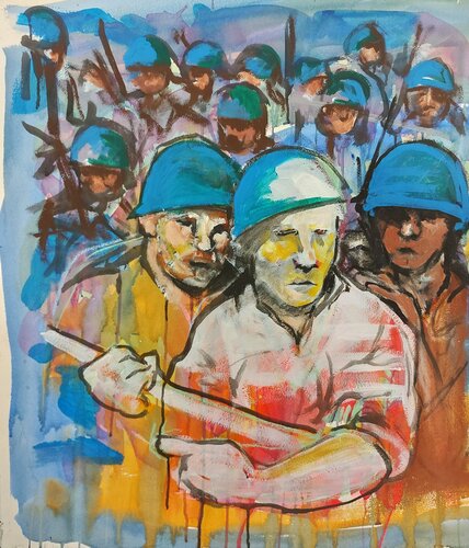 Blue Helmets by Baptiste Laurent, Painting for Sale on Select