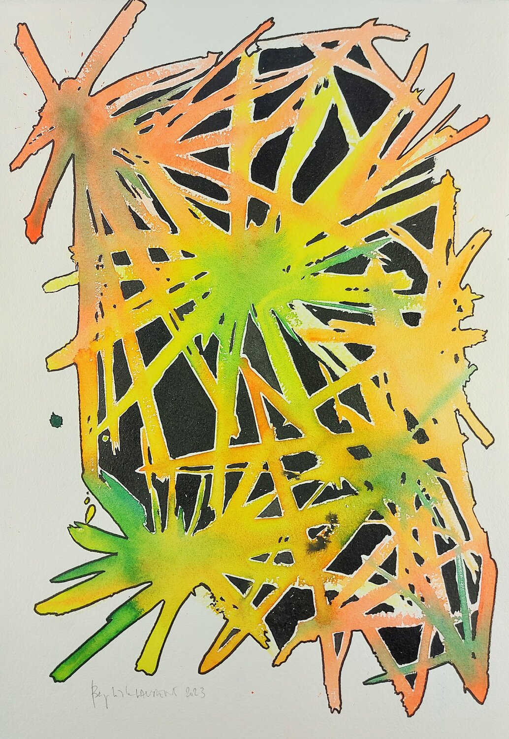 Explosion orange et vert sur fond noir Baptiste Laurent Original painting for sale