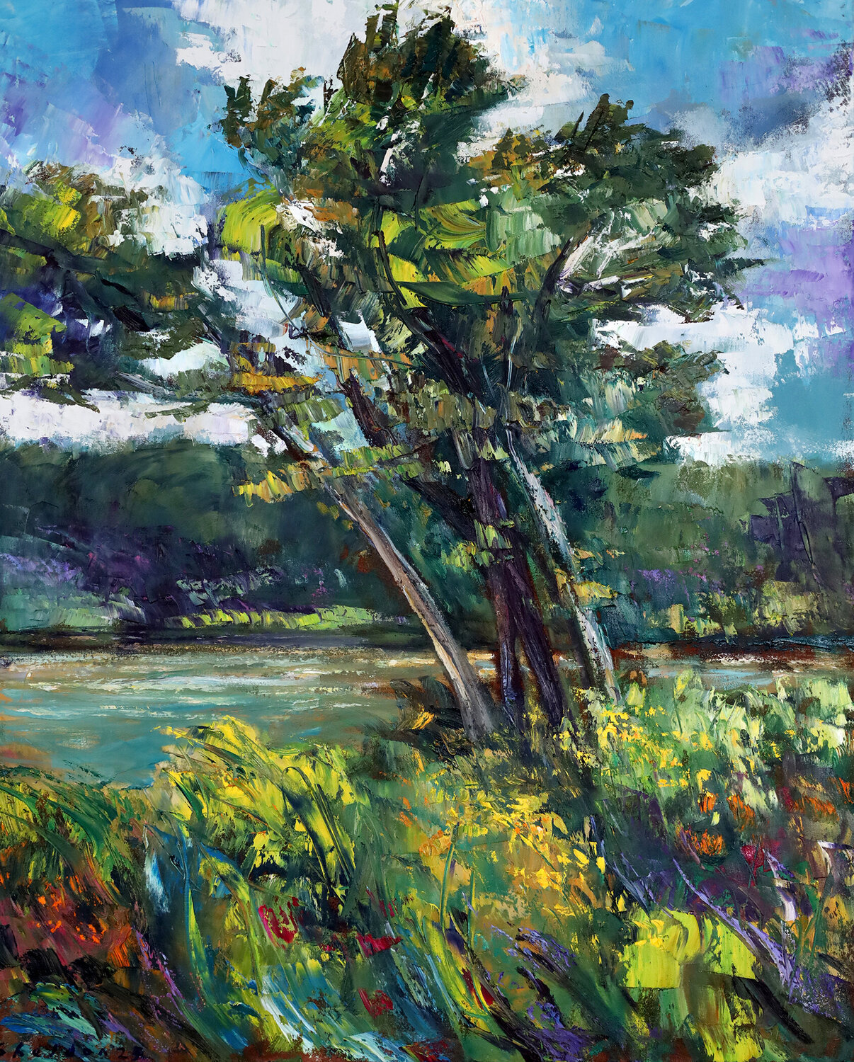 Summer River and Trees I David Sheldon Original painting for sale