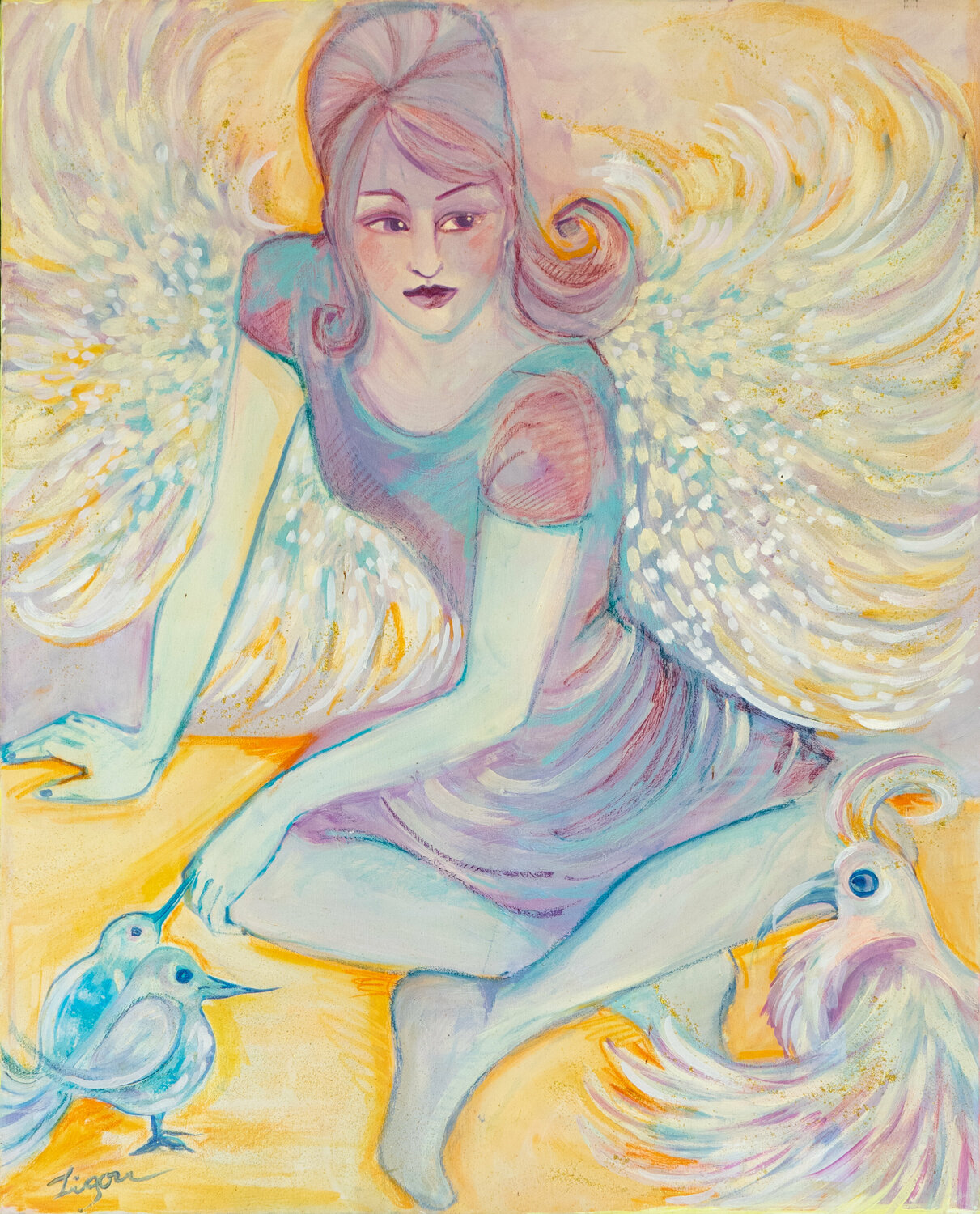 l'ange aux oiseaux ou    ange de la confiance Zigou Original painting for sale