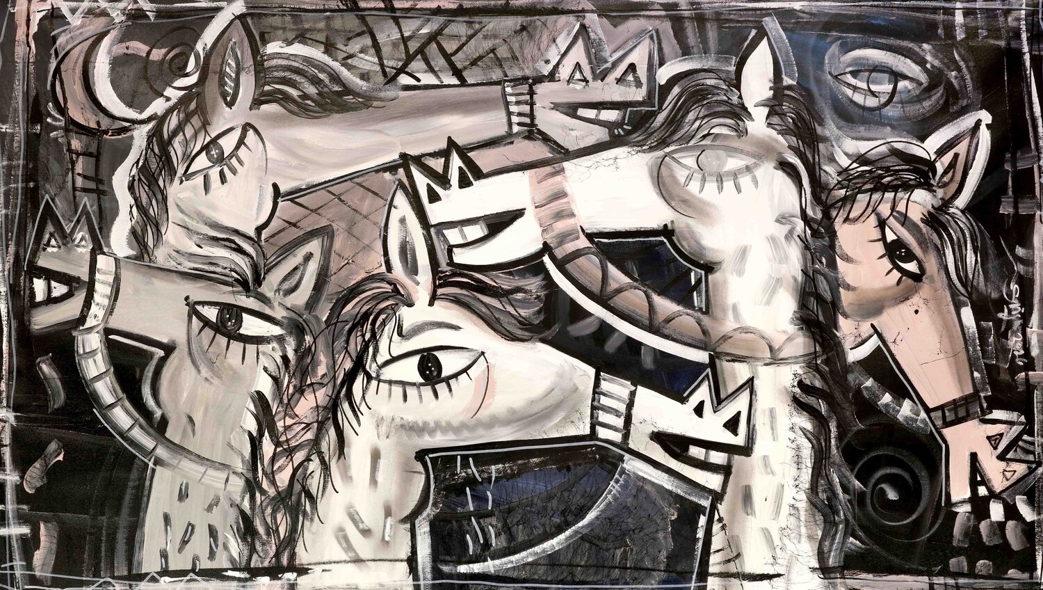 Dipinto con cavalli in bianco e nero Alessandro Siviglia Original painting for sale