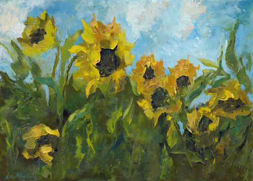 Sunflower Fields - Ukrainian Floral Landscape in Expressive Yellow & Blue by Anna Miklashevich, Painting for Sale on Select