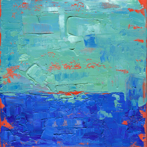 Red Beneath the Blue - Teal & Coral Sunset at Sea by Anna Miklashevich, Painting for Sale on Select
