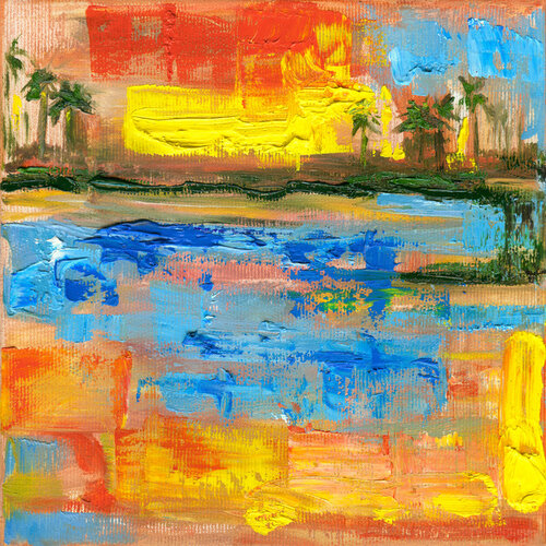 Tropical Island Sunset - Palm Trees & Ocean von Anna Miklashevich, Malerei kaufen auf Select