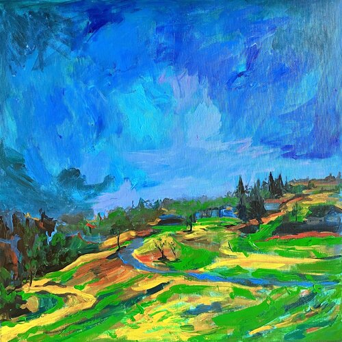 Alpine Hills - Vibrant Spring Hills & Stormy Sky von Anna Miklashevich, Malerei kaufen auf Select