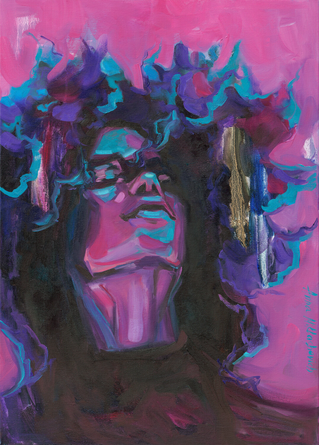 You Are Blooming - Rich Magenta Afro Artwork Anna Miklashevich Original painting for sale