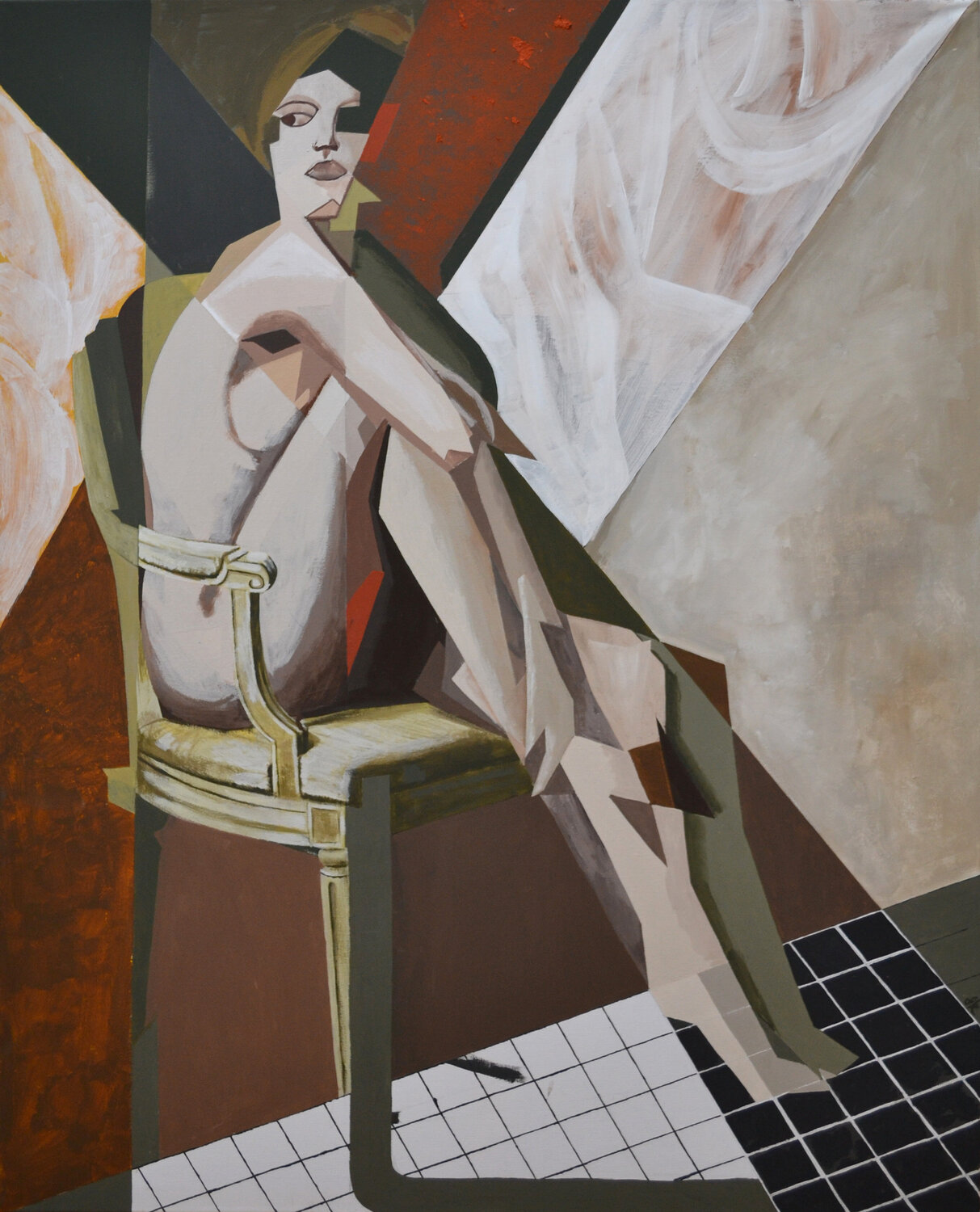 Kobieta czekająca za firanką Dorota Kwiatkowska Original painting for sale
