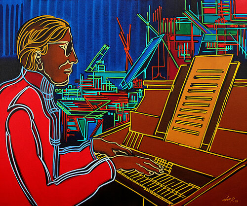 the pianist in the red blouse by Dek, Painting for Sale on Select